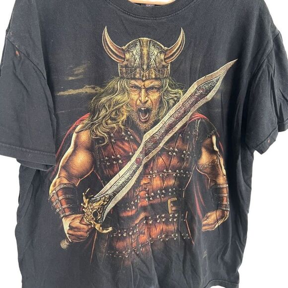 Vintage Y2K Rock Yeah Viking All Over Print T-shirt Mens L - Picture 2 of 6